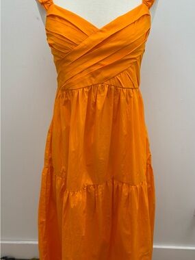 THML Bright Orange Cross-Front Tiered Midi Dress